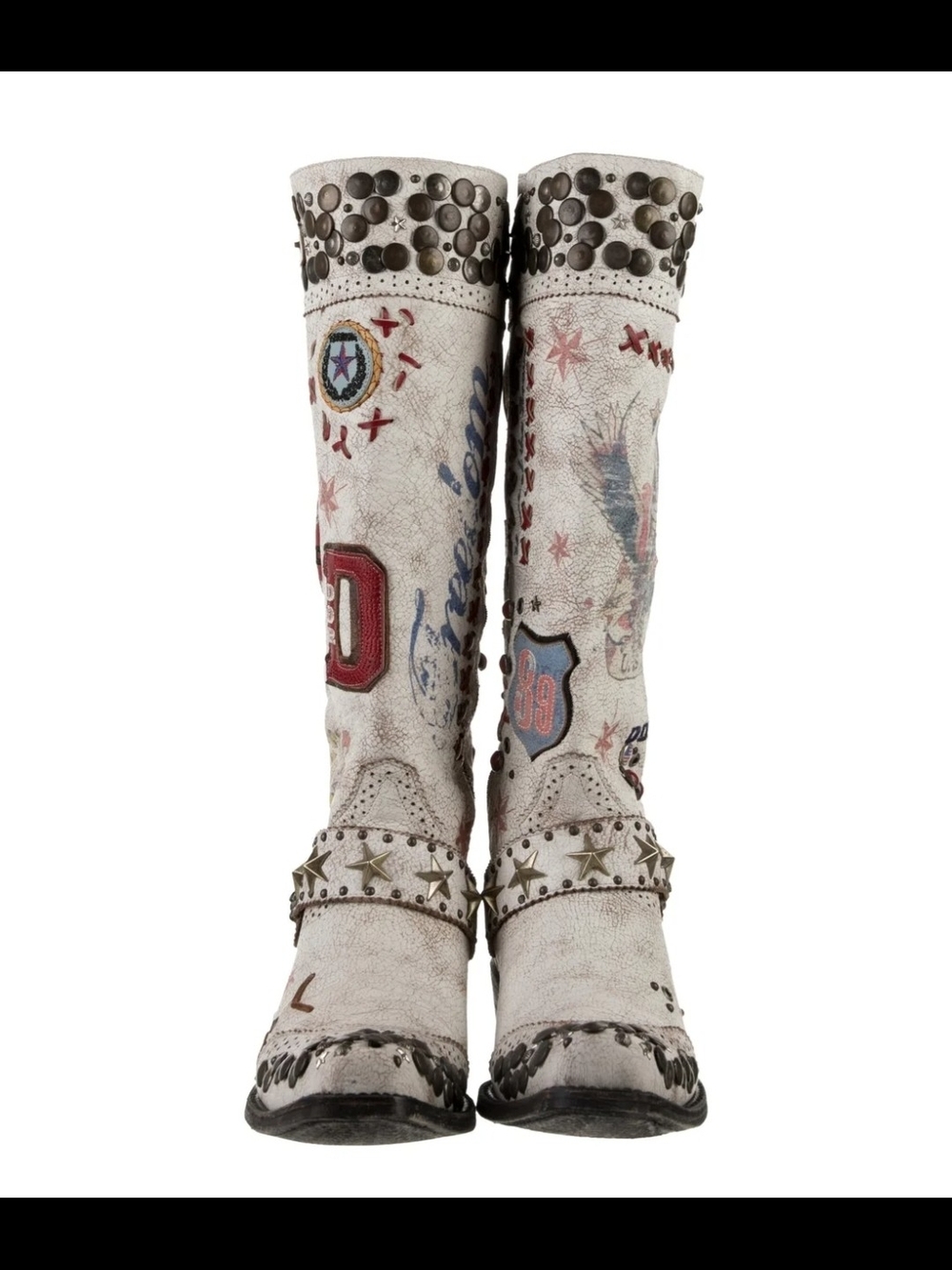 Double D Ranch Studded 'Liberty' White Graphic Western Knee Boot Sz 9 - Picture 2 of 4